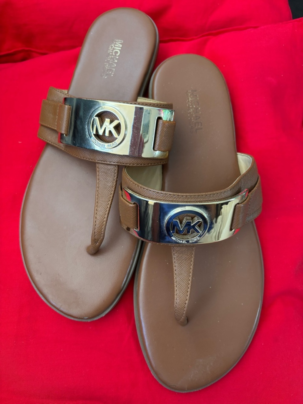 Michael Kors Tan Sandal Thongs with Gold MK Plaque